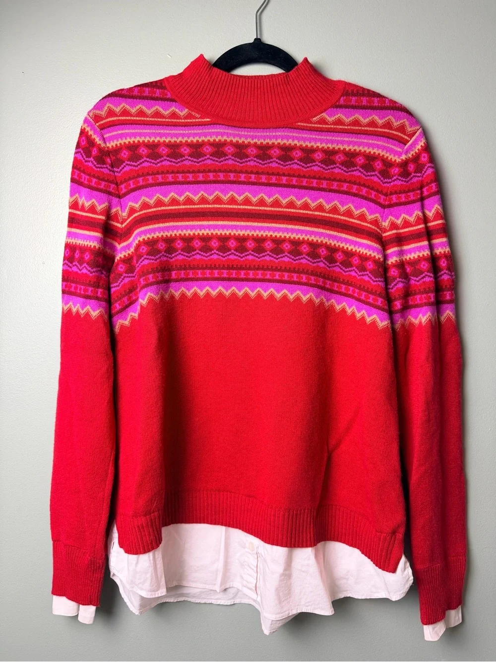 Isaac Mizrahi Bright Red Mock Neck Fair Isle Sweater Layered White Button Down
